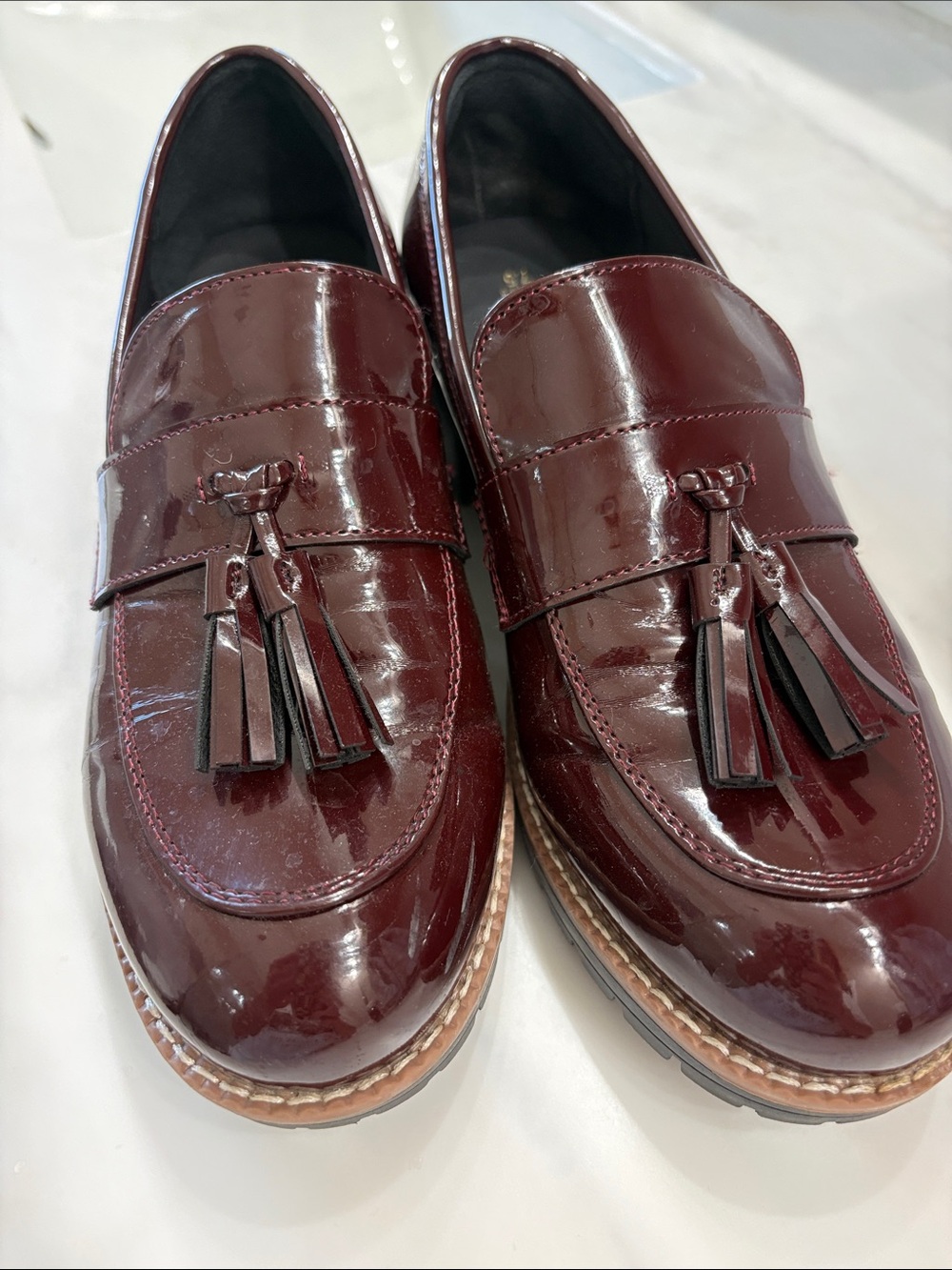 Dream Pairs Burgundy Patent Tassel Loafers with Brown Trim
